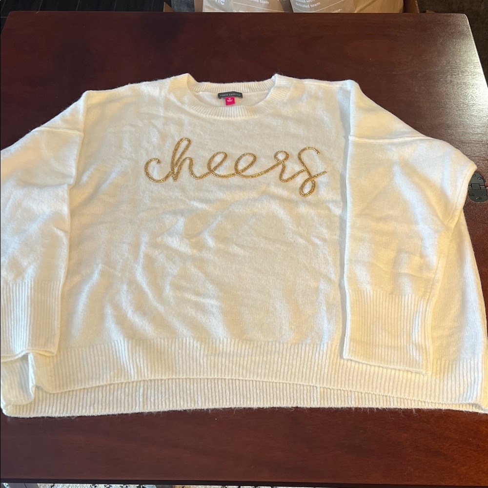 Vince Camuto Cream Sweater with Gold Cheers Design